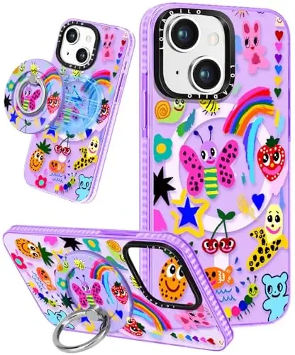 Lotadilo for iPhone 15 Plus Case for Women - Girls Kawaii Design Compatible with Magsafe Magnetic Ring Holder Stand Art Crayon Painting Phone Covers Aesthetic Girly TPU Funda for 15 Plus 