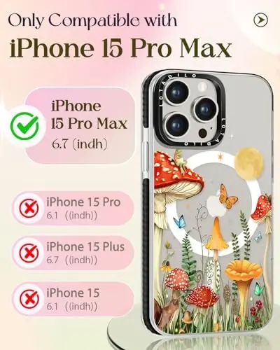 Lotadilo for iPhone 15 Pro Max Case for Women - Cute Kawaii Design Girls Compatible with Magsafe Magnetic Ring Holder Stand Mushrooms Butterflies Phone Covers Aesthetic Girly TPU Funda for 15 Pro Max - 2