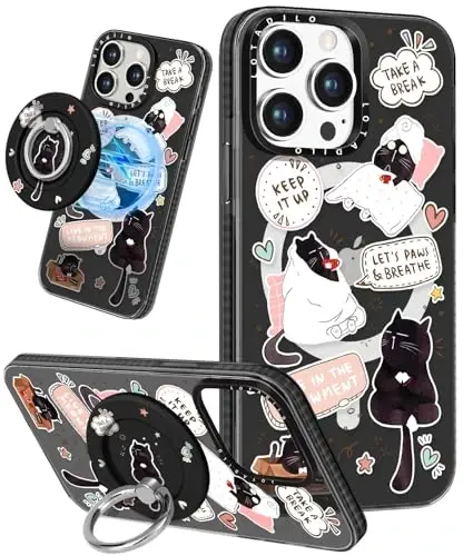 Kadınlar için iPhone 15 Pro Max Kılıfı için Lotadilo - Sevimli Kawaii Tasarımlı Kızlar Magsafe Manyetik Halka Tutucu Standı ile Uyumlu Siyah Kedi Telefon Kılıfları Estetik Kız TPU Funda 15 Pro Max için - 1