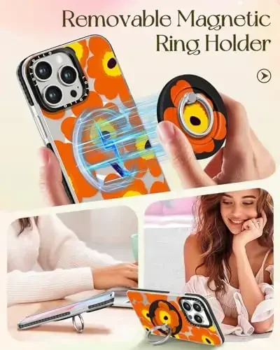 Lotadilo for iPhone 15 Pro Max Case for Women - Cute Kawaii Design Girls Compatible with Magsafe Magnetic Ring Holder Stand Orange Flower Phone Covers Aesthetic Girly TPU Funda for 15 Pro Max - 4