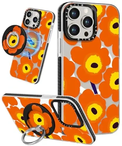 Lotadilo for iPhone 15 Pro Max Case for Women - Cute Kawaii Design Girls Compatible with Magsafe Magnetic Ring Holder Stand Orange Flower Phone Covers Aesthetic Girly TPU Funda for 15 Pro Max - LOTADILO