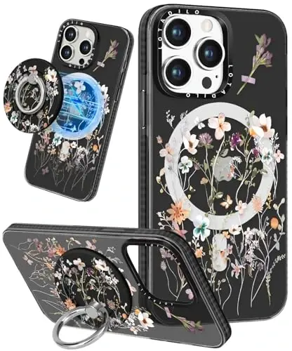 Lotadilo for iPhone 15 Pro Max Case for Women - Cute Kawaii Design Girls Compatible with Magsafe Magnetic Ring Holder Stand Foral Flower Phone Covers Aesthetic Girly TPU Funda for 15 Pro Max - LOTADILO