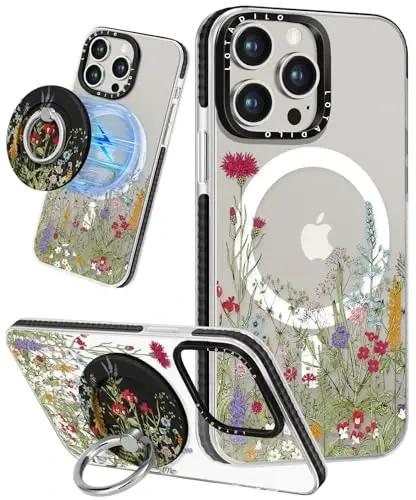 Kadınlar için iPhone 15 Pro Max Kılıfı Lotadilo - Magsafe Manyetik Yüzük Tutucu Stand Çiçekler Bitkiler Telefon Kılıfları Estetik Kız TPU Funda ile Uyumlu Sevimli Kawaii Tasarım Kızlar için 15 Pro Max 