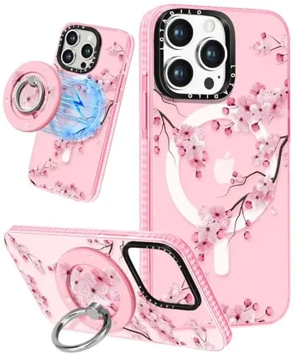 Lotadilo for iPhone 15 Pro Max Case for Women - Cute Kawaii Design Girls Compatible with Magsafe Magnetic Ring Holder Stand Peach Blossom Phone Covers Aesthetic Girly TPU Funda for 15 Pro Max 