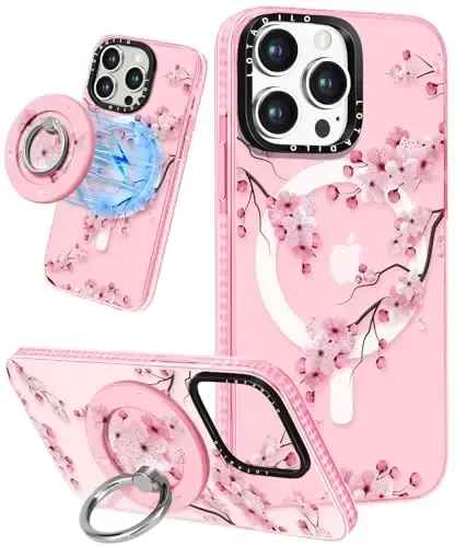 Lotadilo for iPhone 15 Pro Max Case for Women - Cute Kawaii Design Girls Compatible with Magsafe Magnetic Ring Holder Stand Peach Blossom Phone Covers Aesthetic Girly TPU Funda for 15 Pro Max - 12