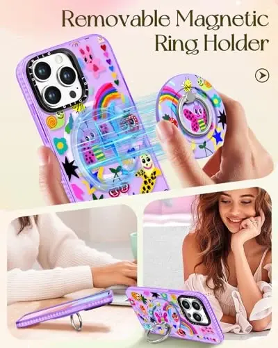 Lotadilo for iPhone 15 Pro Max Case for Women - Cute Kawaii Design Girls Compatible with Magsafe Magnetic Ring Holder Stand Art Crayon Painting Phone Covers Aesthetic Girly TPU Funda for 15 Pro Max - 4