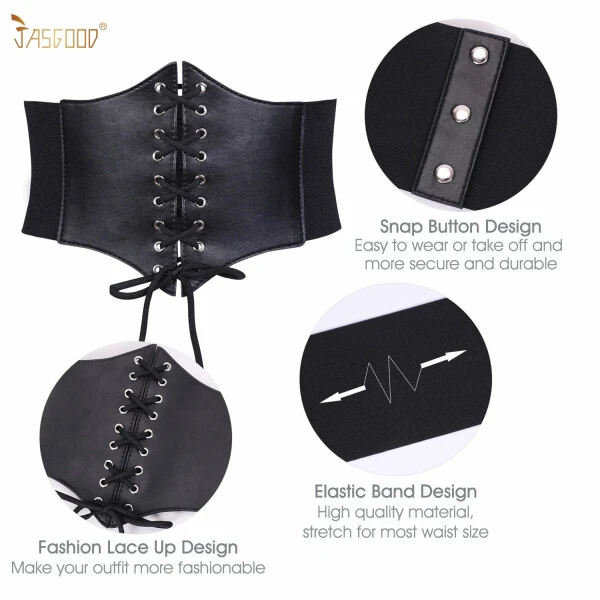 JASGOOD Black Corset Waist Belt for Women, Wide Elastic Belt for Dresses- - 3