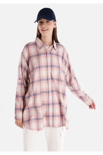 Relaxed Fit Shirt Neck Ekoseli Kadın Çok Renkli Uzun Kol Gömlek - ÇOK RENKLİ - 1