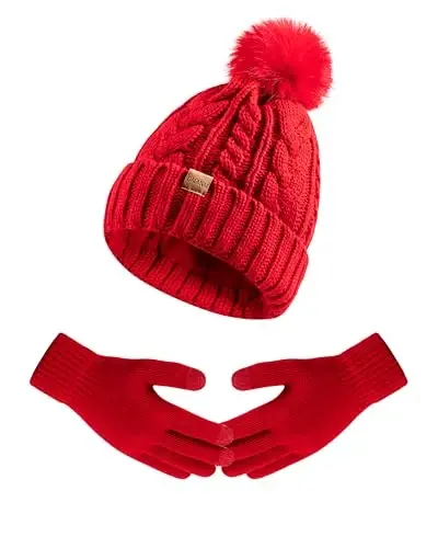 Winter Beanie Hat Gloves Set for Women, Pom Pom Fleece Lined Hat Knit Touchscreen Gloves - Modazone
