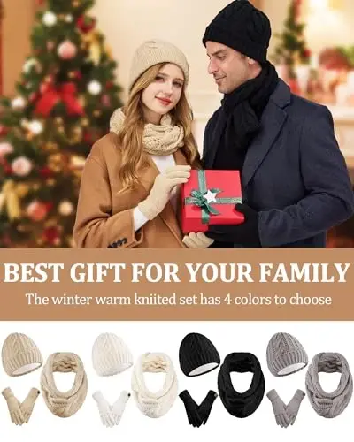 Winter Beanie Hat Scarf Gloves Set for Women, Fleece Lined Hats Touchscreen Gloves Long Scarf 3 In 1 Set for Cold Weather 