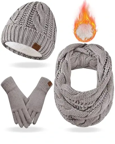 Winter Beanie Hat Scarf Gloves Set for Women, Fleece Lined Hats Touchscreen Gloves Long Scarf 3 In 1 Set for Cold Weather - 1