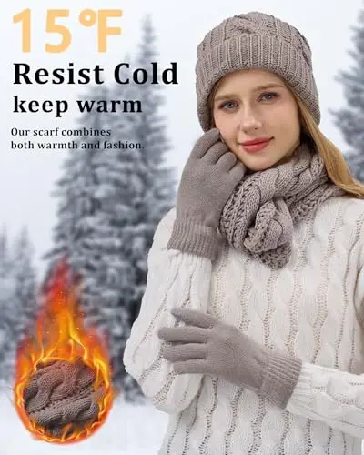 Winter Beanie Hat Scarf Gloves Set for Women, Fleece Lined Hats Touchscreen Gloves Long Scarf 3 In 1 Set for Cold Weather - 2