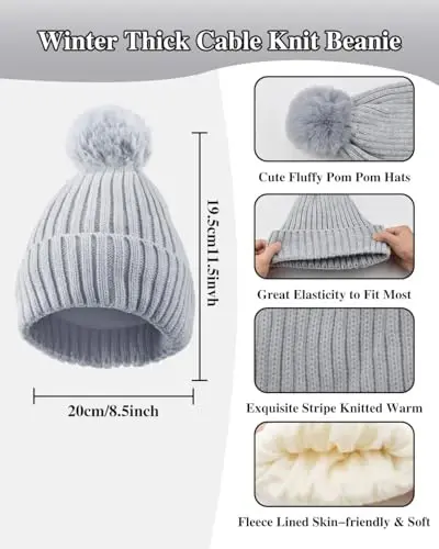 Winter Beanie Hat Scarf Gloves Set for Women, Fleece Knit Pompom Beanie Neck Warmer Long Scarf Touchscreen Gloves 3 in 1 Set - 2