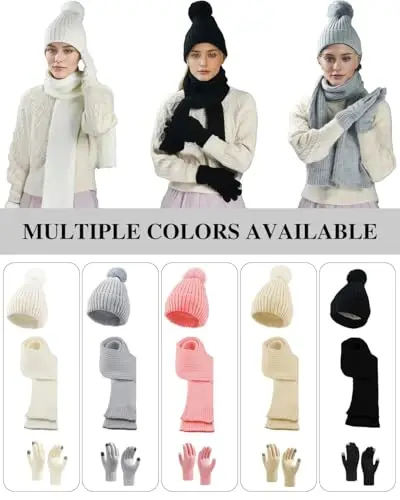 Winter Beanie Hat Scarf Gloves Set for Women, Fleece Knit Pompom Beanie Neck Warmer Long Scarf Touchscreen Gloves 3 in 1 Set - 5