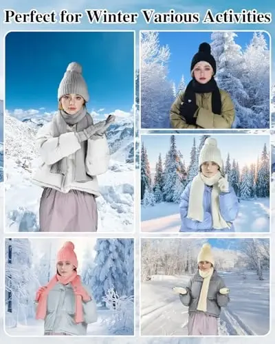 Winter Beanie Hat Scarf Gloves Set for Women, Fleece Knit Pompom Beanie Neck Warmer Long Scarf Touchscreen Gloves 3 in 1 Set - 6