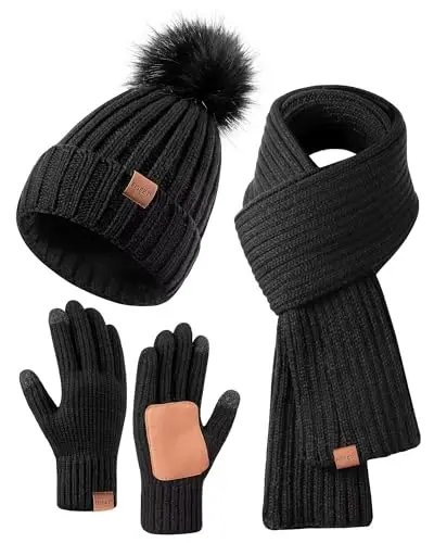 Winter Beanie Hat Scarf Gloves Set for Women, Womens Beanie with Pom Pom Long Scarf Neck Warmer Touchscreen Gloves 3 in 1 Set - WINTER