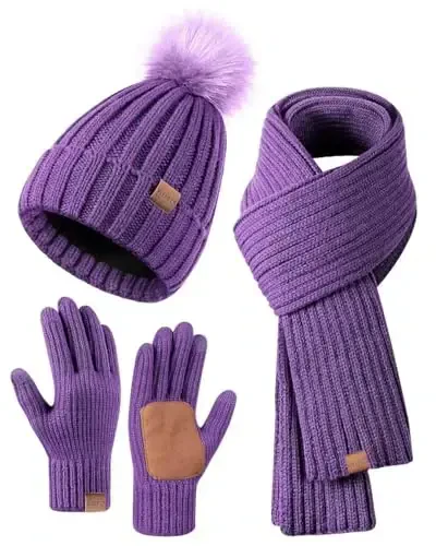 Winter Beanie Hat Scarf Gloves Set for Women, Womens Beanie with Pom Pom Long Scarf Neck Warmer Touchscreen Gloves 3 in 1 Set - 1
