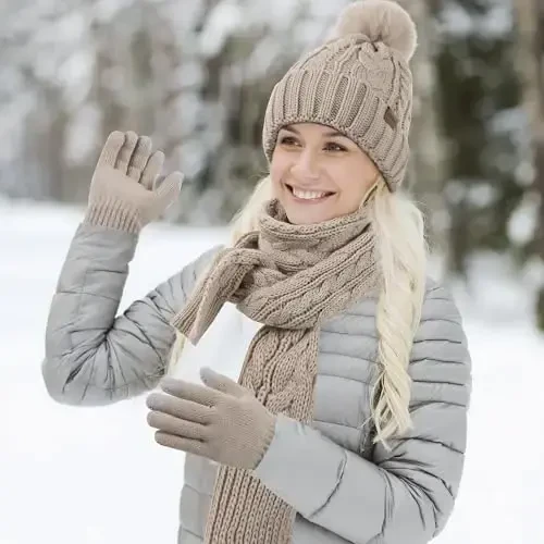 Winter Beanie Hat Gloves Set for Women, Pom Pom Fleece Lined Hat Knit Touchscreen Gloves - 3