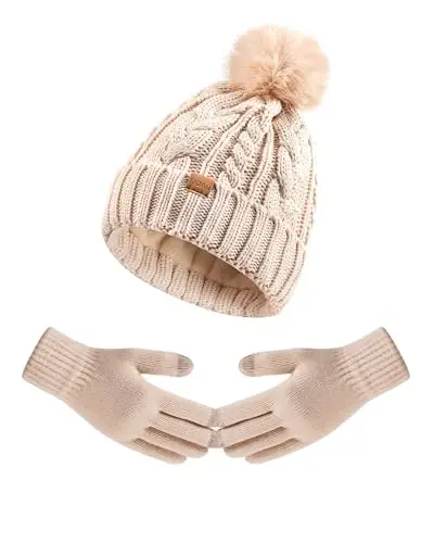 Winter Beanie Hat Scarf Gloves Set for Women, Pom Pom Fleece Lined Hat Knit Touchscreen Gloves 