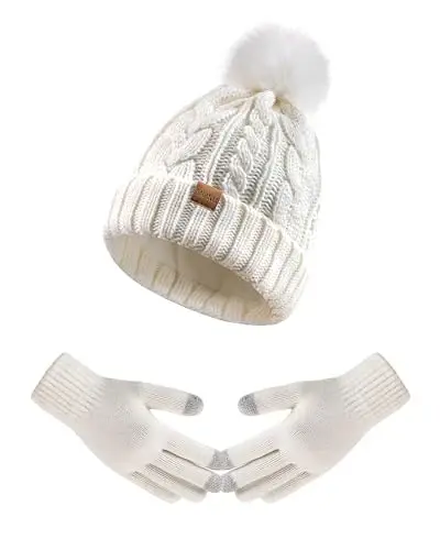 Winter Beanie Hat Gloves Set for Women, Pom Pom Fleece Lined Hat Knit Touchscreen Gloves - 1