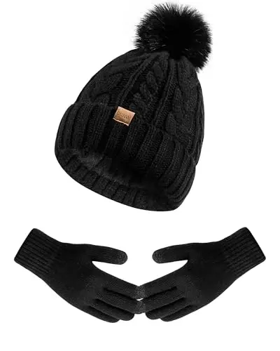 Winter Beanie Hat Gloves Set for Women, Pom Pom Fleece Lined Hat Knit Touchscreen Gloves - 1