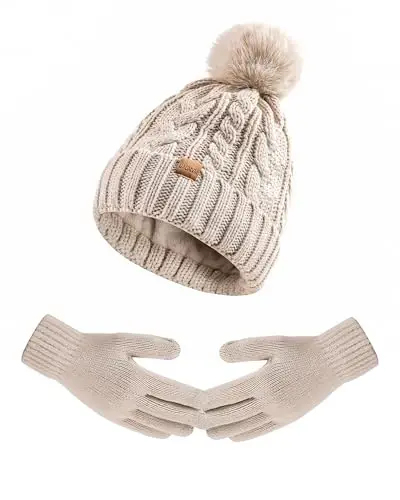 Winter Beanie Hat Gloves Set for Women, Pom Pom Fleece Lined Hat Knit Touchscreen Gloves 