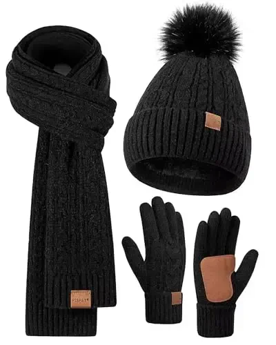 Winter Beanie Hat Scarf Gloves Set for Women, Pom Pom Beanie Fleece Lined Knit Neck Warmer Touchscreen Gloves 3 in 1 Gift Set - 1