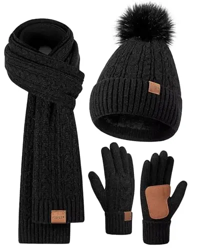 Winter Beanie Hat Scarf Gloves Set for Women, Pom Pom Beanie Fleece Lined Knit Neck Warmer Touchscreen Gloves 3 in 1 Gift Set 