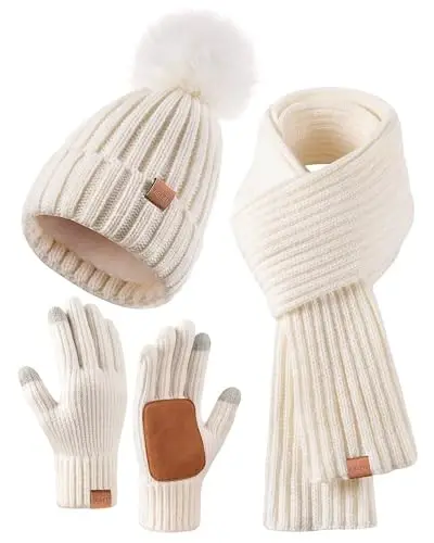 Winter Beanie Hat Scarf Gloves Set for Women, Womens Beanie with Pom Pom Long Scarf Neck Warmer Touchscreen Gloves 3 in 1 Set 