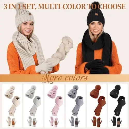 Winter Beanie Hat Scarf Gloves Set for Women, Womens Beanie with Pom Pom Long Scarf Neck Warmer Touchscreen Gloves 3 in 1 Set - 5