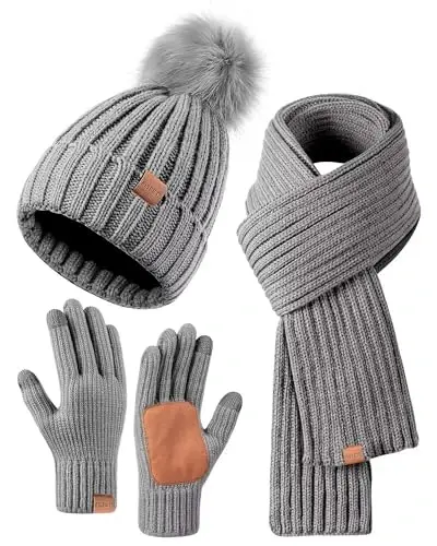 Winter Beanie Hat Scarf Gloves Set for Women, Womens Beanie with Pom Pom Long Scarf Neck Warmer Touchscreen Gloves 3 in 1 Set 