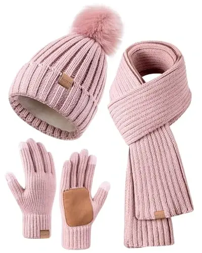 Winter Beanie Hat Scarf Gloves Set for Women, Womens Beanie with Pom Pom Long Scarf Neck Warmer Touchscreen Gloves 3 in 1 Set 