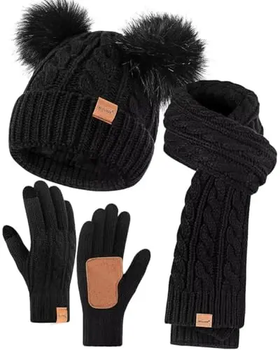 Winter Hat Scarf Glove Set for Women, Fleece Lined Beanie with Double Pom Pom, Touchscreen Gloves Knit Scarf for Cold Weather - 6
