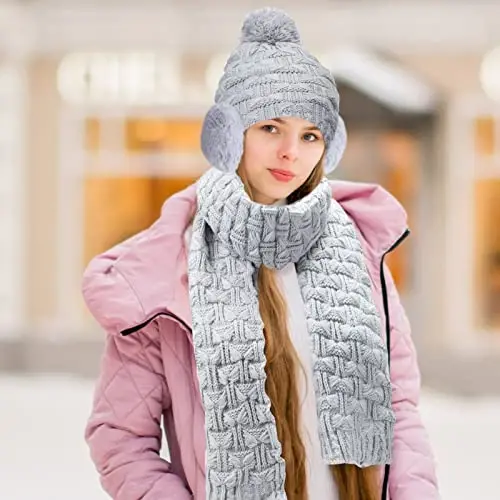 JenPen 4 Pcs Winter Hat Scarf and Gloves Set for Women Include Ear Cover Cold Weather Scarf Hat Knit Beanie Gloves - 7