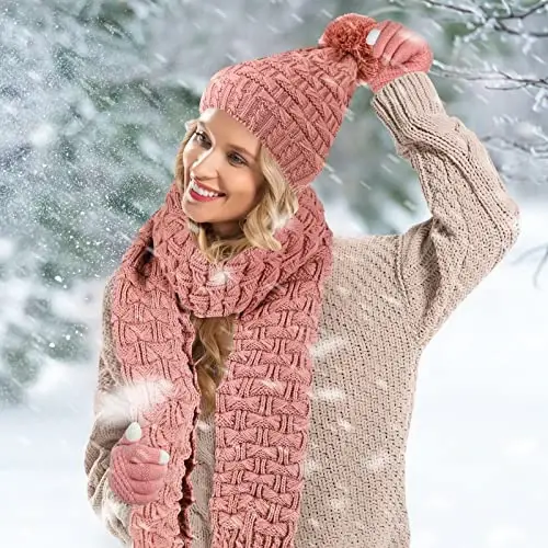Women Winter Hats Scarf and Gloves Set for Women Including Ear Covers Cold Weather Scarves Hats Knit Beanie Scarf Glove - 6