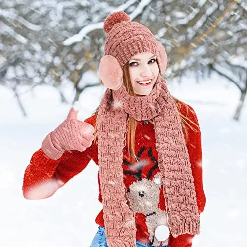 Women Winter Hats Scarf and Gloves Set for Women Including Ear Covers Cold Weather Scarves Hats Knit Beanie Scarf Glove - 7