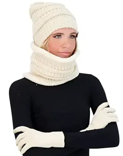 Winter Hat Fleece Lined Neck Warmer Scarf and Gloves Set for Women Knit Beanie Winter Gloves and Scarves Cold Weather 