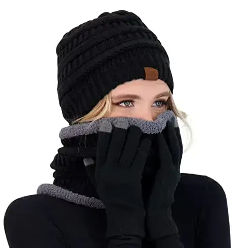 Winter Hat Fleece Lined Neck Warmer Scarf and Gloves Set for Women Knit Beanie Winter Gloves and Scarves Cold Weather - Modazone
