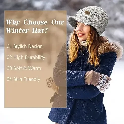 Winter Hats for Women - Thick Warm Stylish Knit Beanie Hat, Soft Stretch Cute Womens Winter Hats with Visor - 6