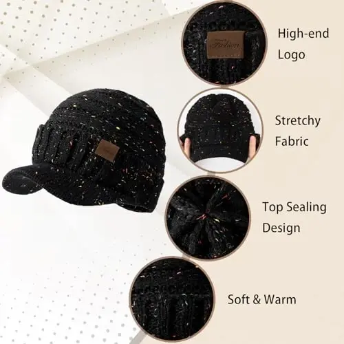 Winter Hats for Women - Thick Warm Stylish Knit Beanie Hat, Soft Stretch Cute Womens Winter Hats with Visor - 4