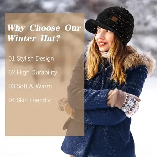 Winter Hats for Women - Thick Warm Stylish Knit Beanie Hat, Soft Stretch Cute Womens Winter Hats with Visor - 5