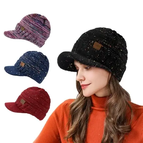 Winter Hats for Women - Thick Warm Stylish Knit Beanie Hat, Soft Stretch Cute Womens Winter Hats with Visor - 6