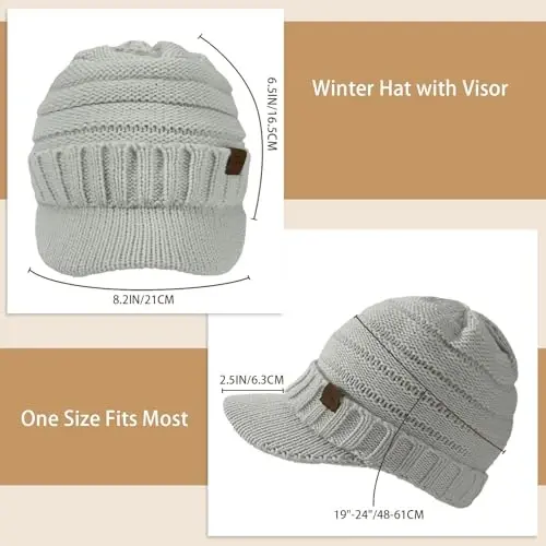 Winter Hats for Women - Thick Warm Stylish Knit Beanie Hat, Soft Stretch Cute Womens Winter Hats with Visor - 3