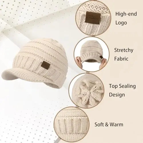 Winter Hats for Women - Thick Warm Stylish Knit Beanie Hat, Soft Stretch Cute Womens Winter Hats with Visor - 4