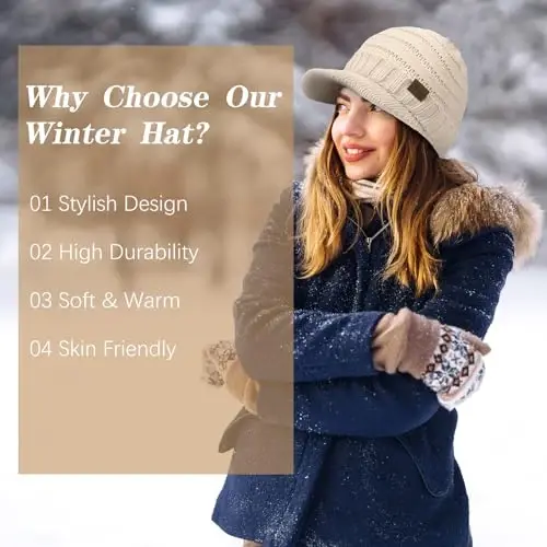 Winter Hats for Women - Thick Warm Stylish Knit Beanie Hat, Soft Stretch Cute Womens Winter Hats with Visor - 5