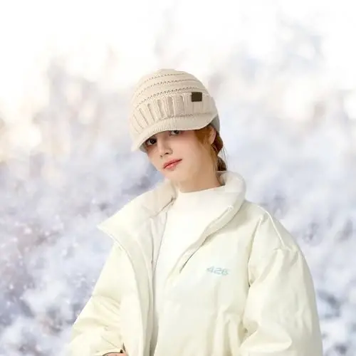 Winter Hats for Women - Thick Warm Stylish Knit Beanie Hat, Soft Stretch Cute Womens Winter Hats with Visor - 7