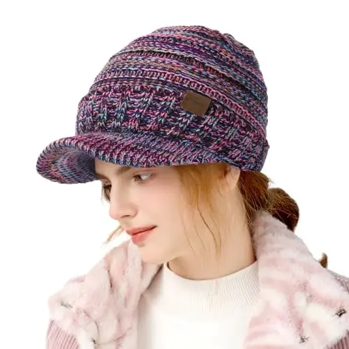 Winter Hats for Women - Thick Warm Stylish Knit Beanie Hat, Soft Stretch Cute Womens Winter Hats with Visor - 2