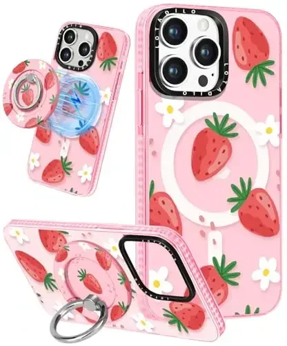 Lotadilo for iPhone 15 Pro Case for Women - Girls Kawaii Design Compatible with Magsafe Magnetic Ring Holder Stand Strawberry Flower Phone Covers Aesthetic Girly TPU Funda for 15 Pro 