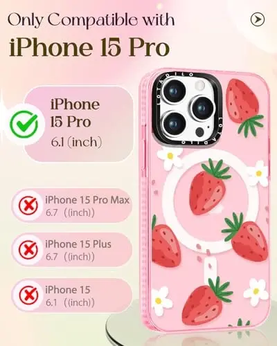 Lotadilo for iPhone 15 Pro Case for Women - Girls Kawaii Design Compatible with Magsafe Magnetic Ring Holder Stand Strawberry Flower Phone Covers Aesthetic Girly TPU Funda for 15 Pro - 2