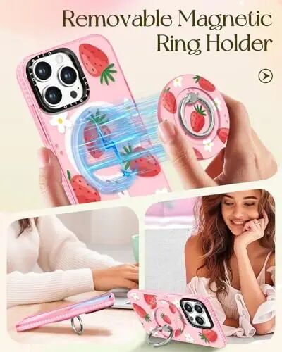 Kadınlar için Lotadilo iPhone 15 Pro Kılıfı - Kız Çocuk Kawaii Tasarımı Magsafe Manyetik Halka Tutucu Standı ile Uyumlu Çilek Çiçek Telefon Kılıfları Estetik Kız TPU Funda 15 Pro - 4